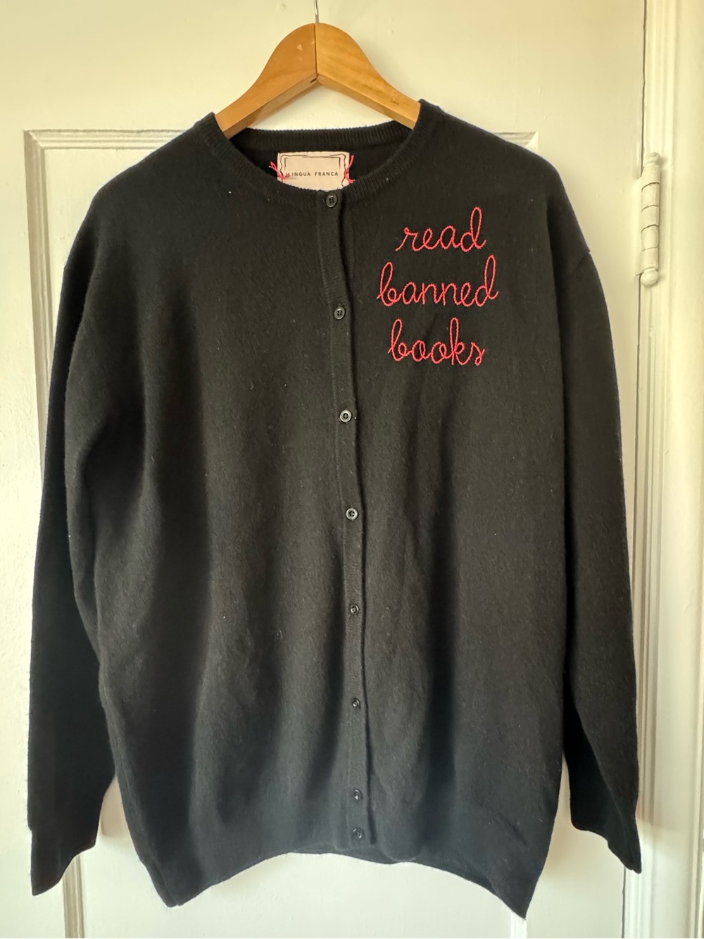 Lingua Franca Black Cardigan Sweater with Red "Read Banned Books" Embroidery